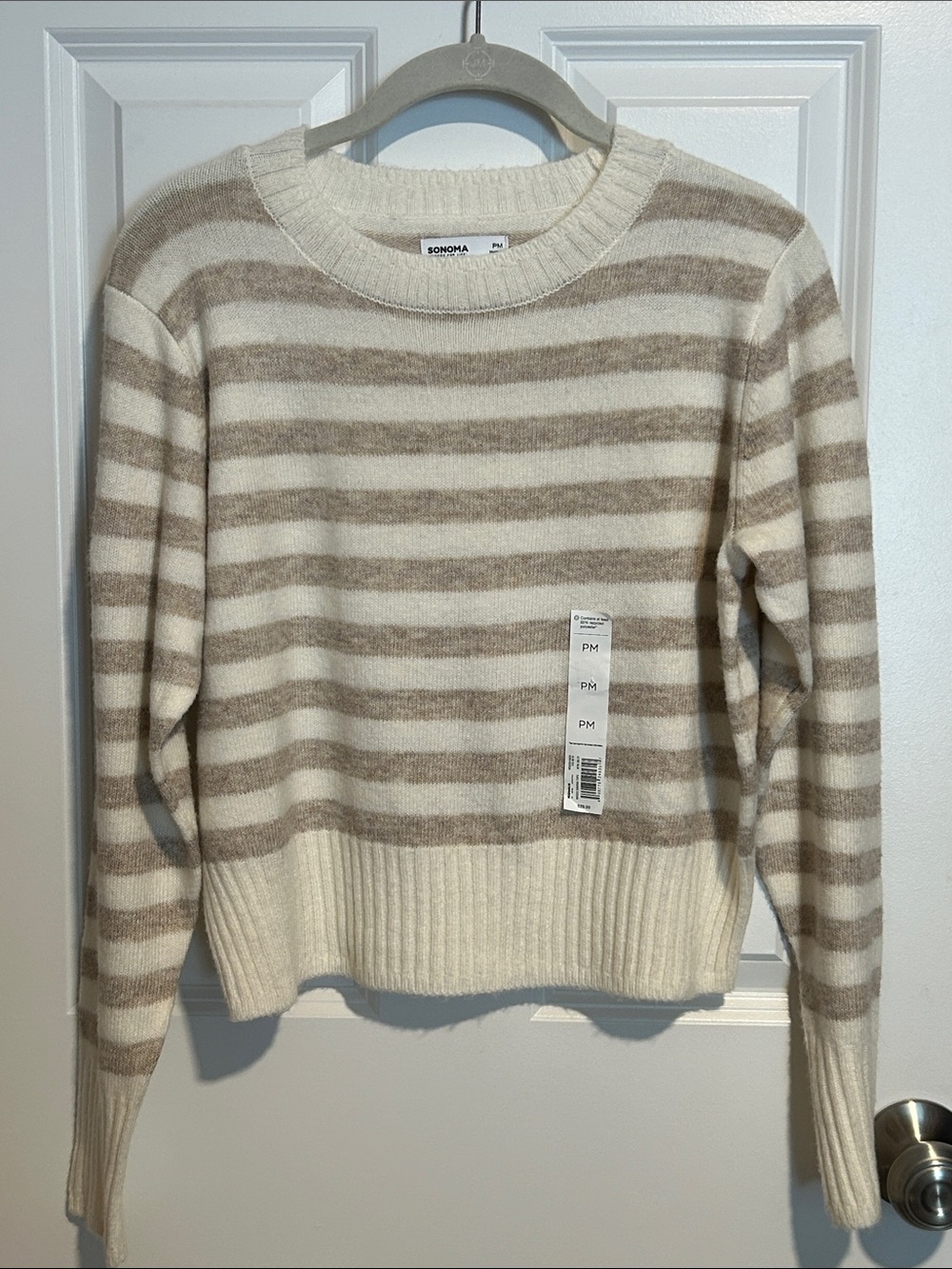NWT Sonoma Neutral Striped Crewneck Sweater in Cream and Beige Medium Petite